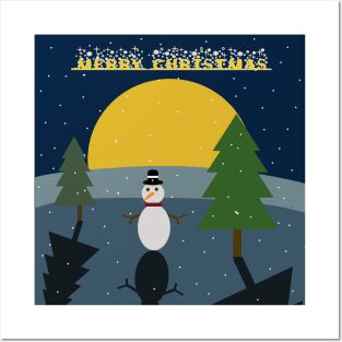 Snow Man on Chrismast Night Posters and Art